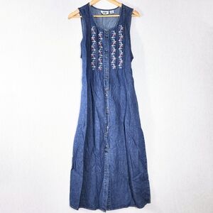 Vintage 90s Denim Button Down Embroidered Floral Jean Dress